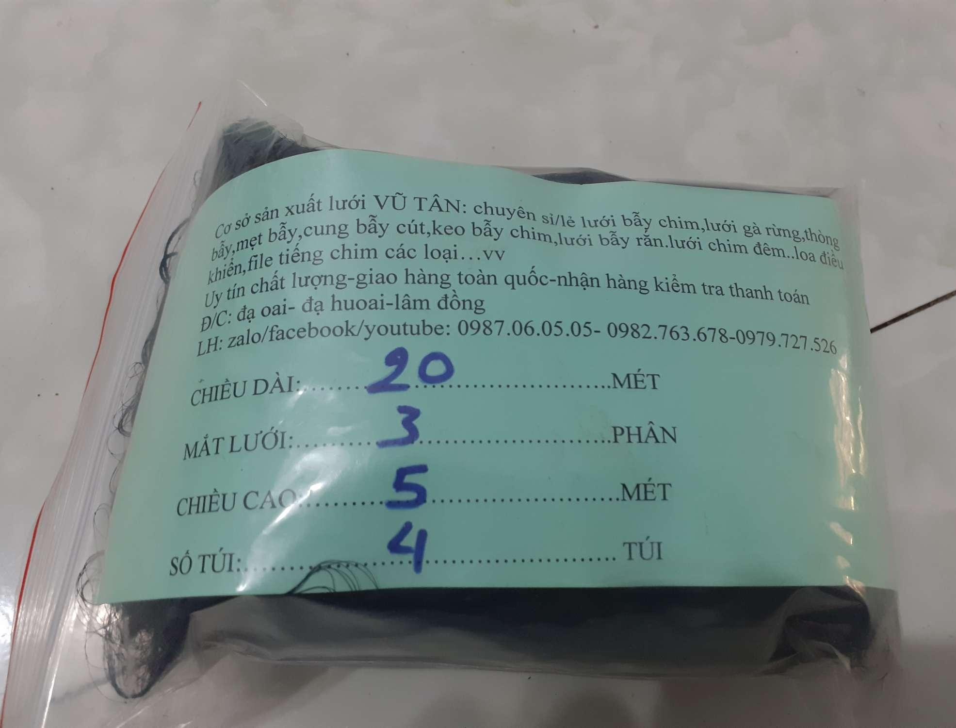 20m lưới bẫy chim ri,sẻ,sâu,mi,hoành hoạch..cao 5m mắt 3p 5 dây 4 túi