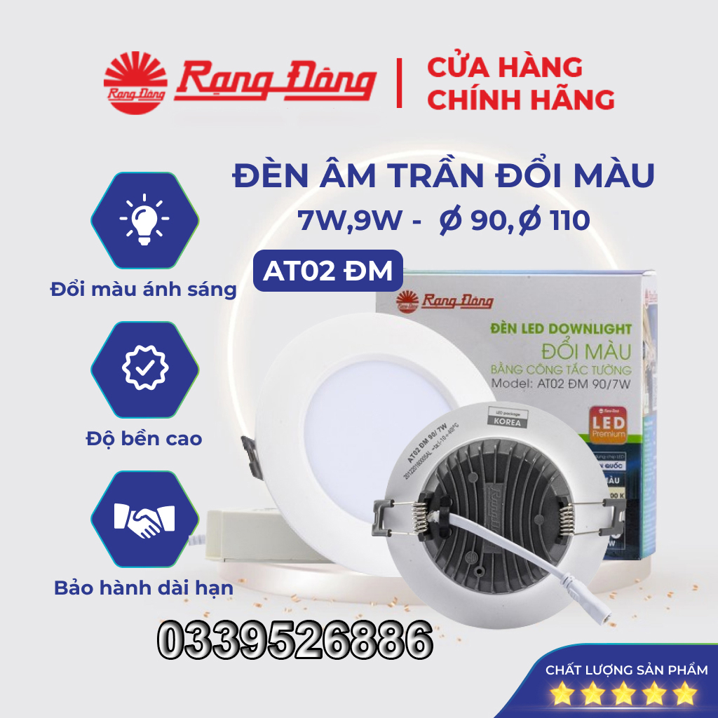 Đèn LED âm trần Rạng Đông 9W Փ90 đổi 3 màu ánh sáng, Vỏ NHÔM ĐÚC, siêu tản nhiệt, SAMSUNG chipLED