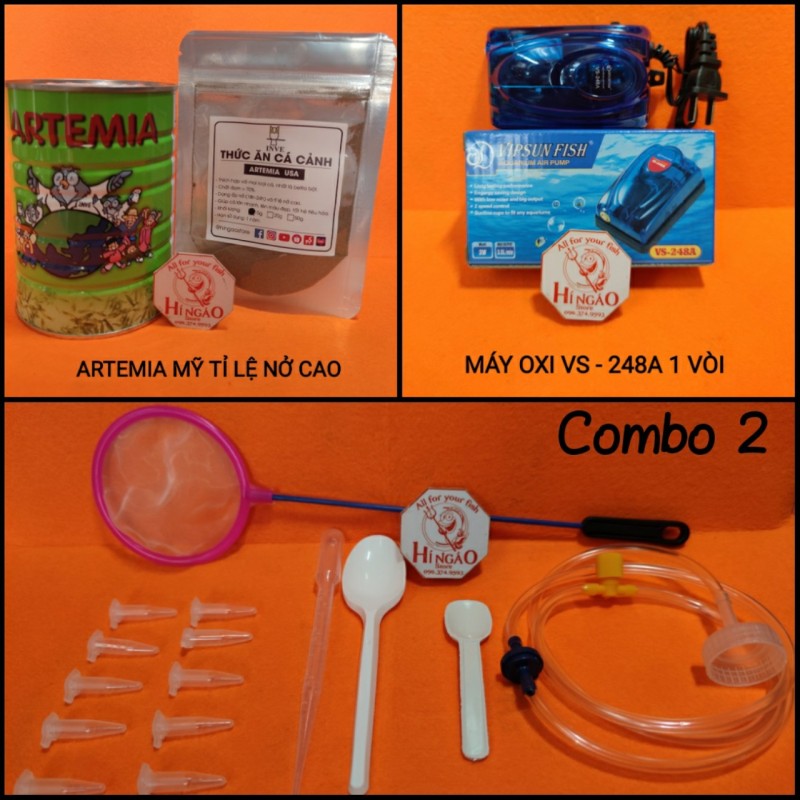 Combo 2: 20g Trứng Artemia Mỹ + Bộ Ấp + Máy Oxi 1 vòi - Thức ăn cá betta bột, cá bột | Hingaostore.