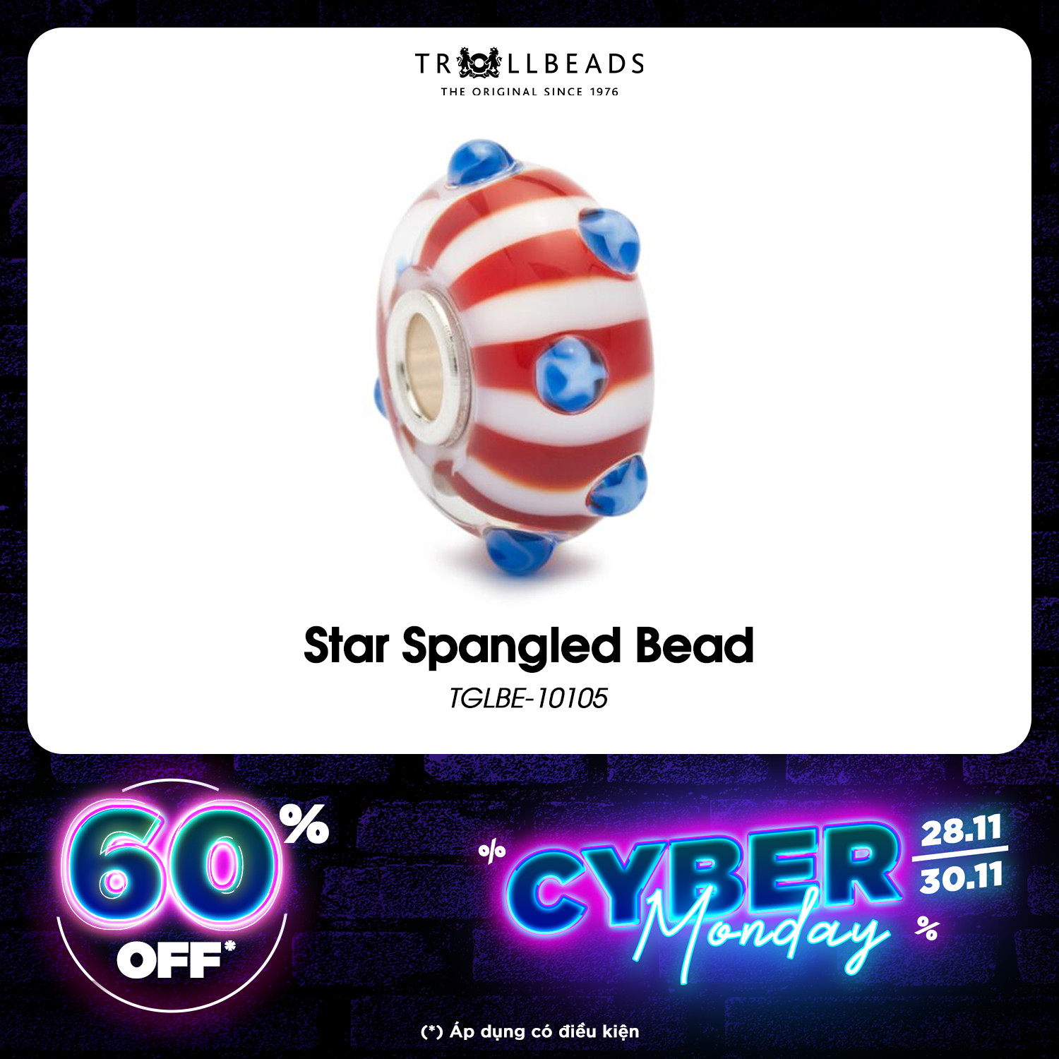Trollbeads bead Thuỷ tinh Cao cấp Star Spangled TGLBE-10105