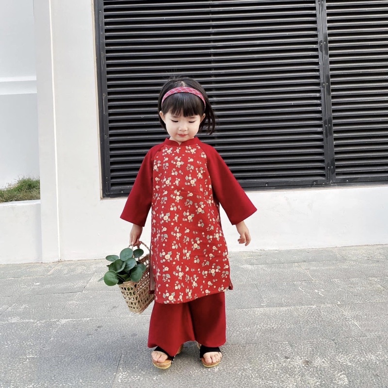 Áo dài Cách Tân Cho Bé Gái, Áo Dài Tết từ 8-25kg - Chất Liệu Nhung Tăm Hoa Nhí Màu Đỏ Siêu Mềm Mịn