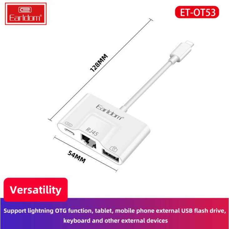 JACK CHUYỂN LIGHTNING 3IN1 EARLDOM OT53 (1 CỔNG SẠC + 1 CỔNG RJ45 + USB 3.0)