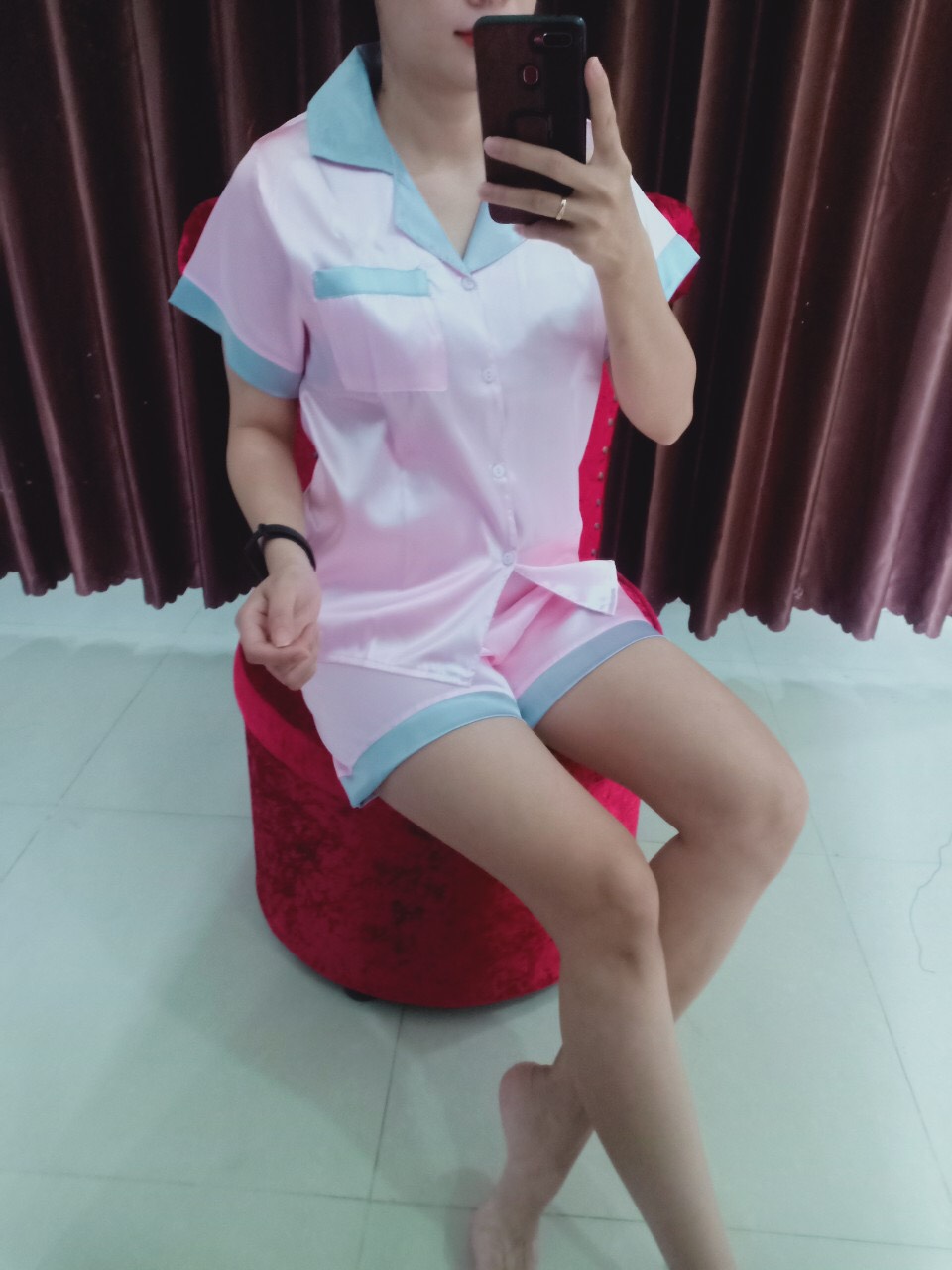 [HCM]Đồ Bộ Pijama Phi Lụa + Quần đùi +vải phi lụa+ dưới 60kg-005