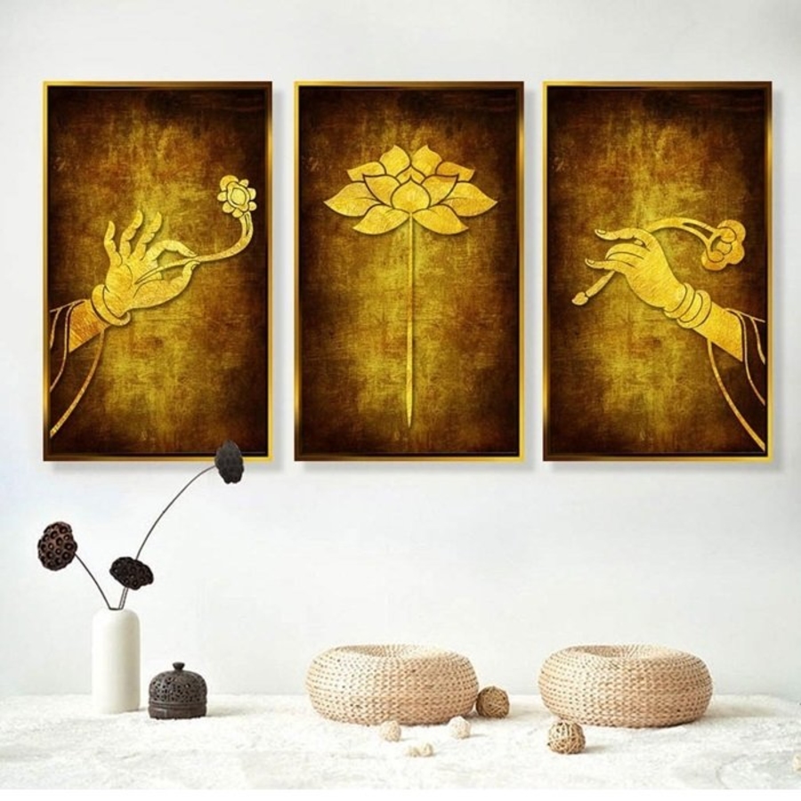 LaLaShop - Bộ 3 tấm tranh treo tường phòng khách tranh hoa sen phật treo tường có khung gỗ set 3 tấm tranh treo tường treo phòng thờ decor phòng khách tranh 3d hiện đại