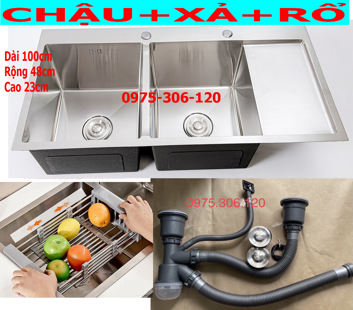 [HCM]Chậu Rửa Chén Bát INOX SUS 304 N1 10048 NA.GRAND và bộ xả chậu và rổ đa năng