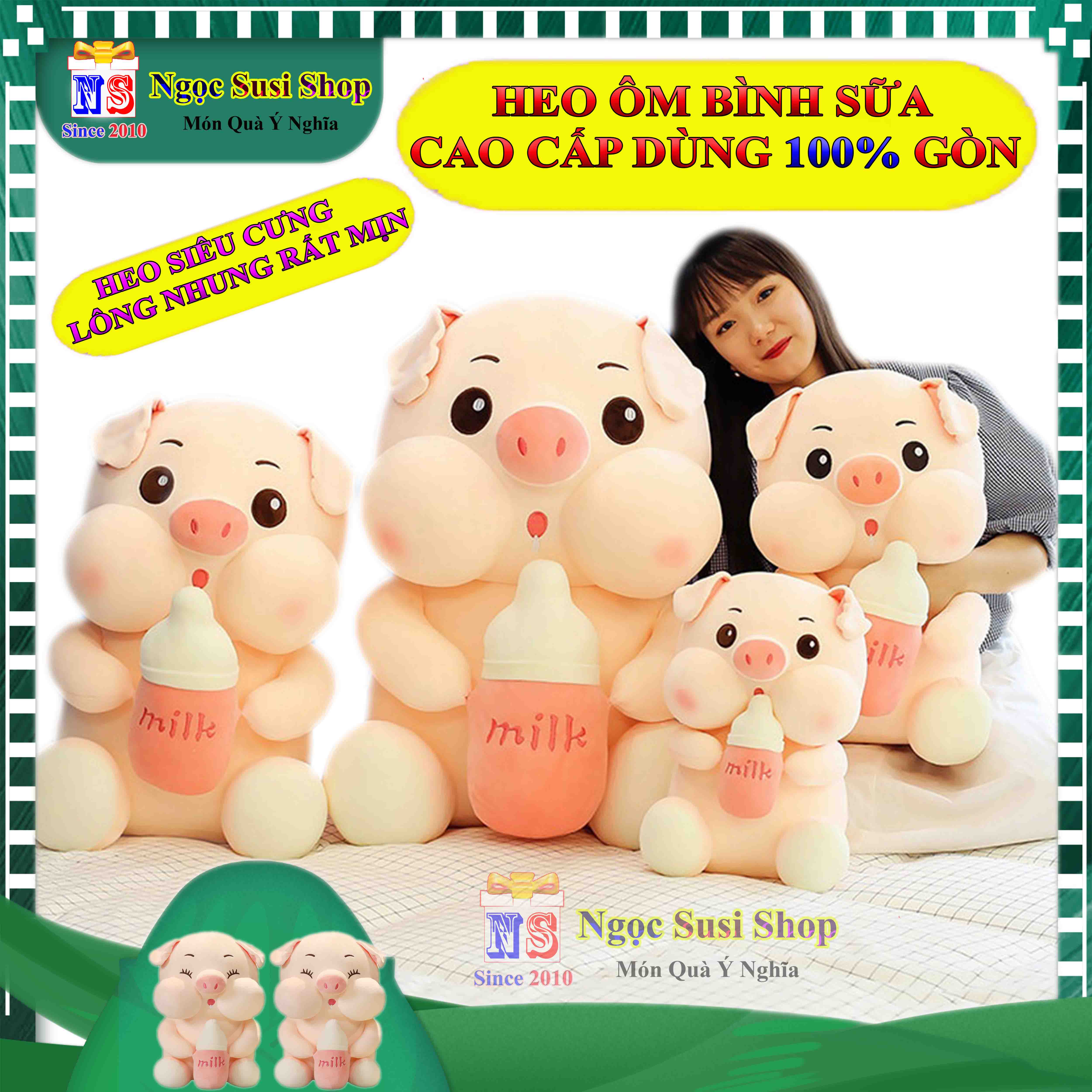 Gối ôm thú bông heo bông ôm bình sữa siêu to khổng lồ - gấu bông heo ôm bình sữa hàng chuẩn