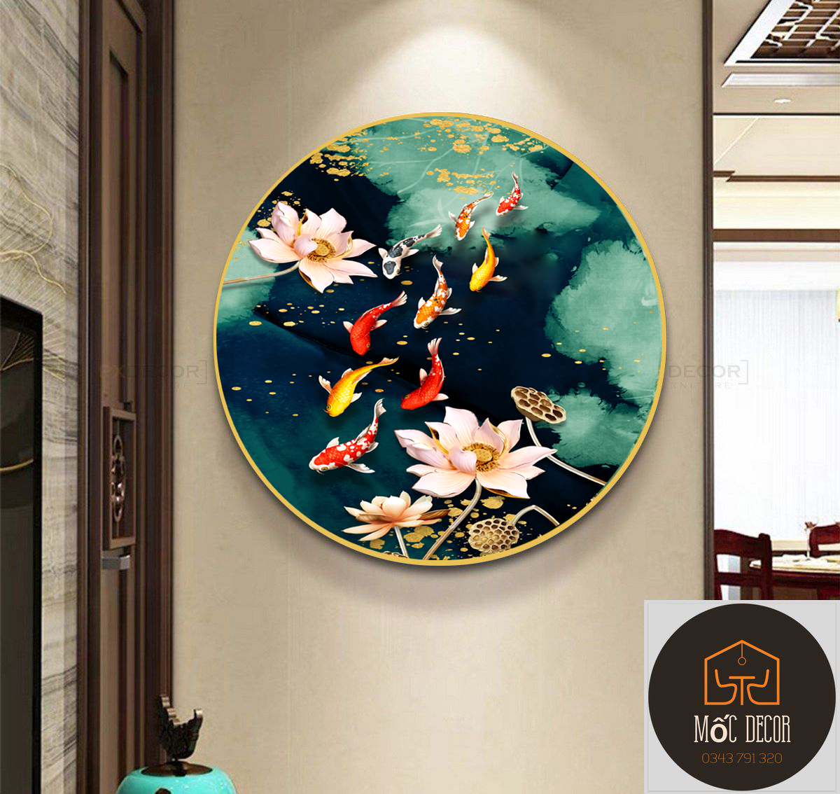 Tranh tròn tráng gương Sen Cá giảm giá kịch sàn đường kính 40cm, 50cm, 60cm, 70cm - tranh tráng gương treo phòng khách, Decor phòng siêu xinh