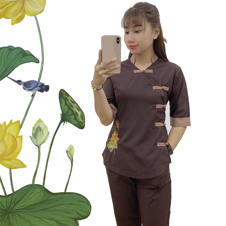 Quần Áo nữ Phật Tử thêu hoa văn, Đồ Lam Phật Đi Chùa mẫu A31B