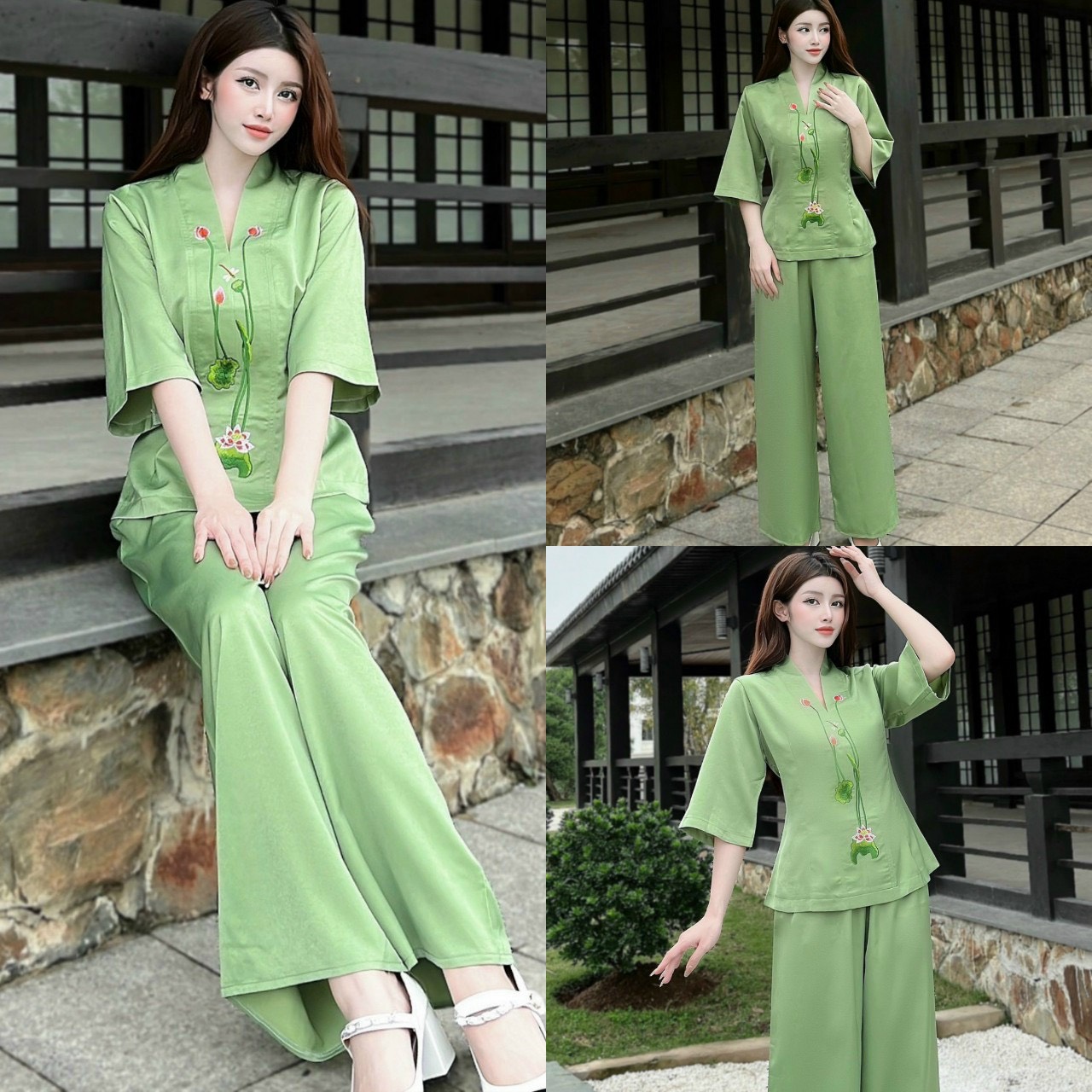 Đồ lam đi chùa # bộ bà lai lụa sen # quần áo nữ