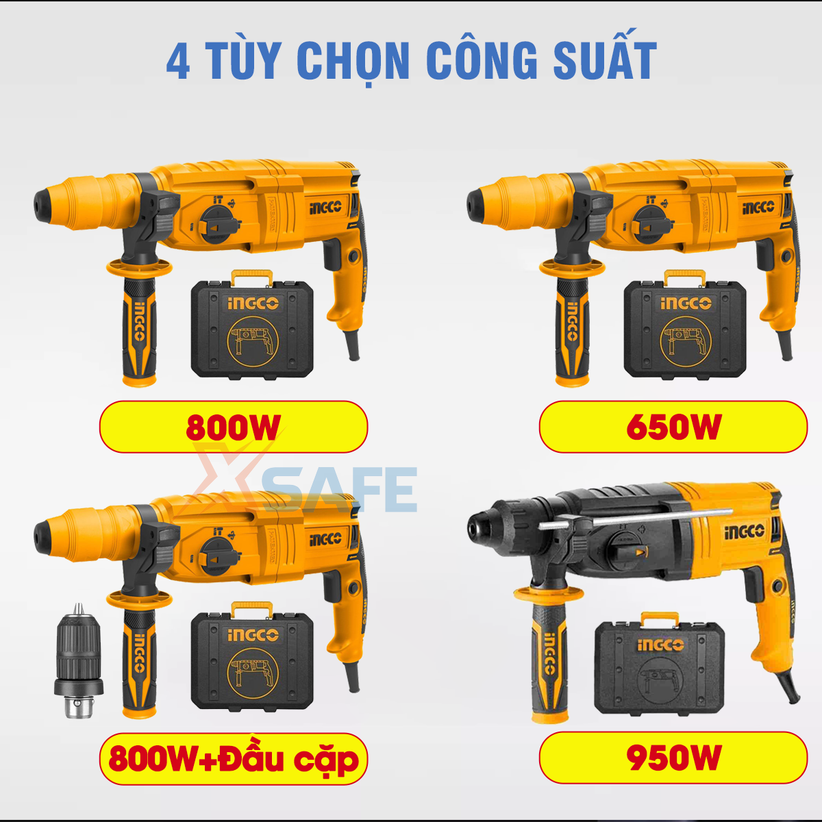 Máy khoan búa cầm tay 3 chức năng Ingco 650-950w đầu gài sds plus, khoan bê tông, khoan sắt, gỗ, tặng kèm mũi khoan máy khoan đục bê tông RGH9028 RGH9528 RGH6528 RGH9028-2