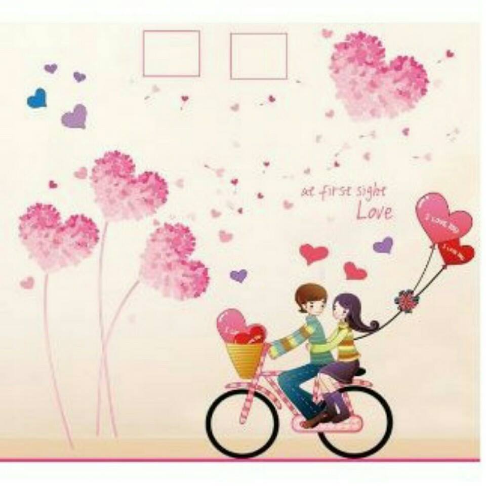 Decal dán tường trái tim hồng và xe đạp tình nhân