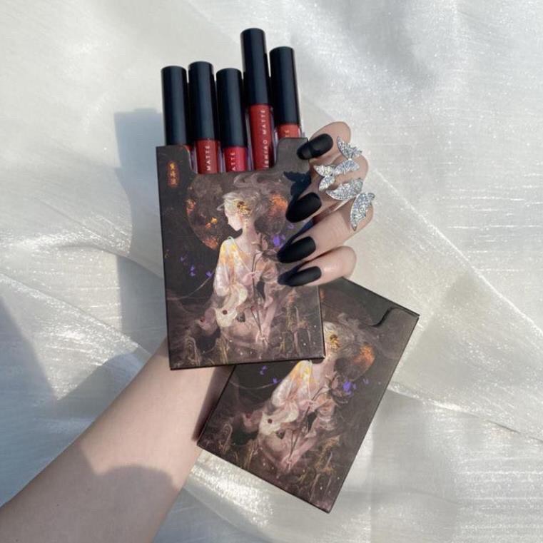 Set son kem lì 5 cây Màu Đen cô gái Lip Glaze Matte Không Thấm Nước Màu Đen Lip Tint