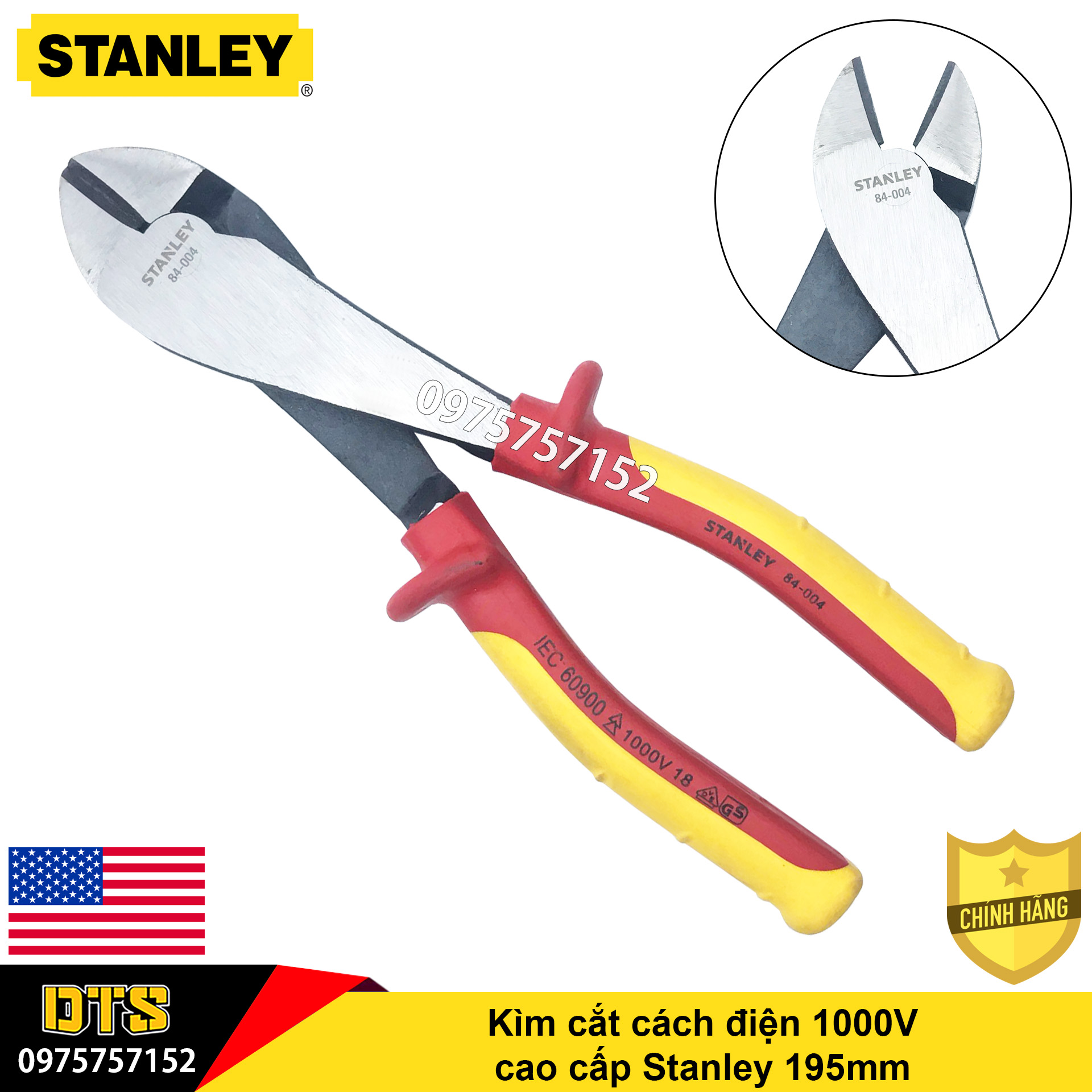 Kìm cắt cách điện 1000V cao cấp Stanley 195mm, kìm cách điện chuẩn VDE, GS, thép đặc biệt công nghệ cao