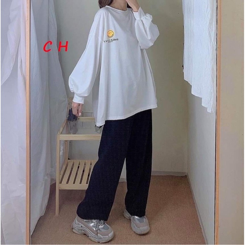Sét áo mặt cười smiler bo tay da cá+quần xuông CH11, áo kiểu nữ, áo thun nam nữ, quần kaki, quần nữ, sét bộ mặc ở nhà, áo thun tay dài, quần jean ống rộng FANI