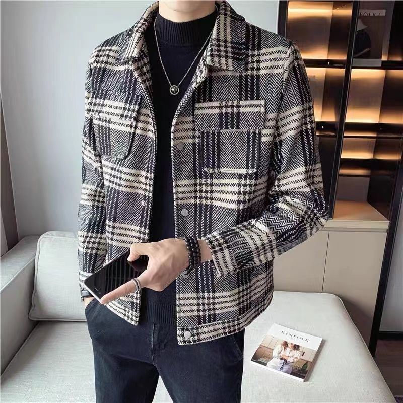 Áo khoác dạ kẻ sọc nổi tiếng trên mạng áo khoác dạ dáng ngắn dày dặn dễ phối tôn dáng đẹp trai trào lưu mùa thu đông cho nam