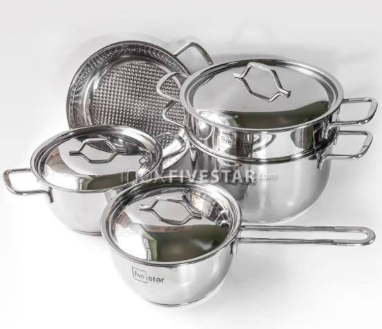 Bộ Nồi Inox 5 Chiếc Fivestar 3 đáy (Nắp Kính & Nắp Inox)