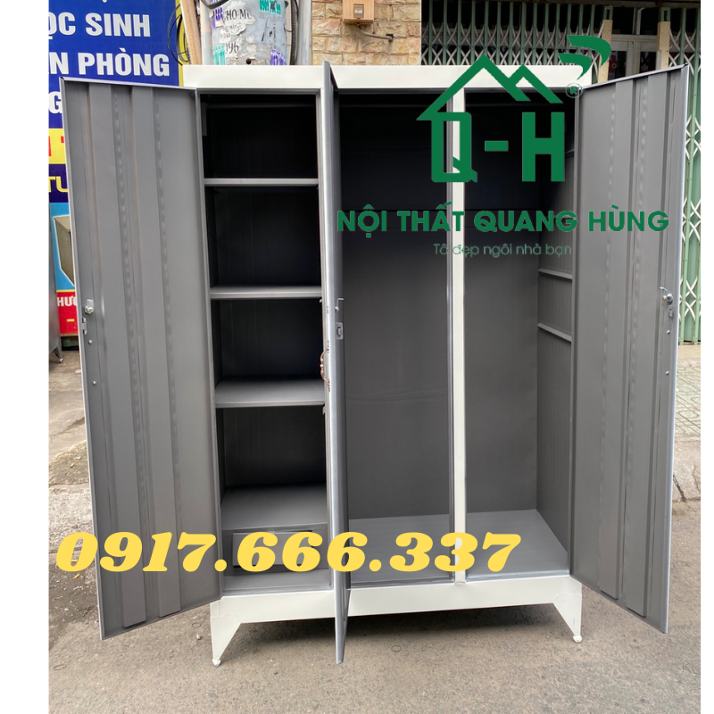 Tủ quần áo sắt sơn dầu 3 cánh màu trắng không gương 1m8x1m2
