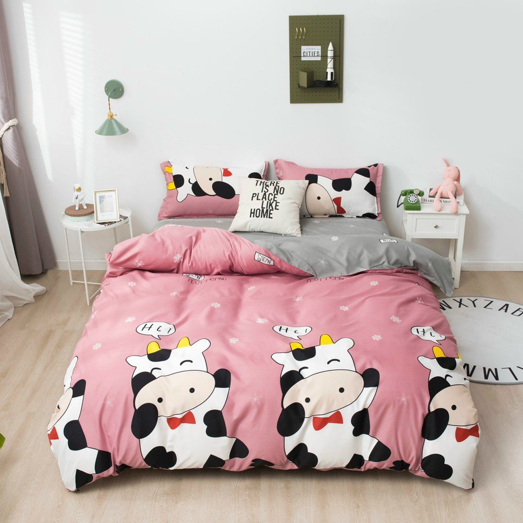 Bộ ga và 2 vỏ gối Cotton Poly Mẫu BÒ HỒNG