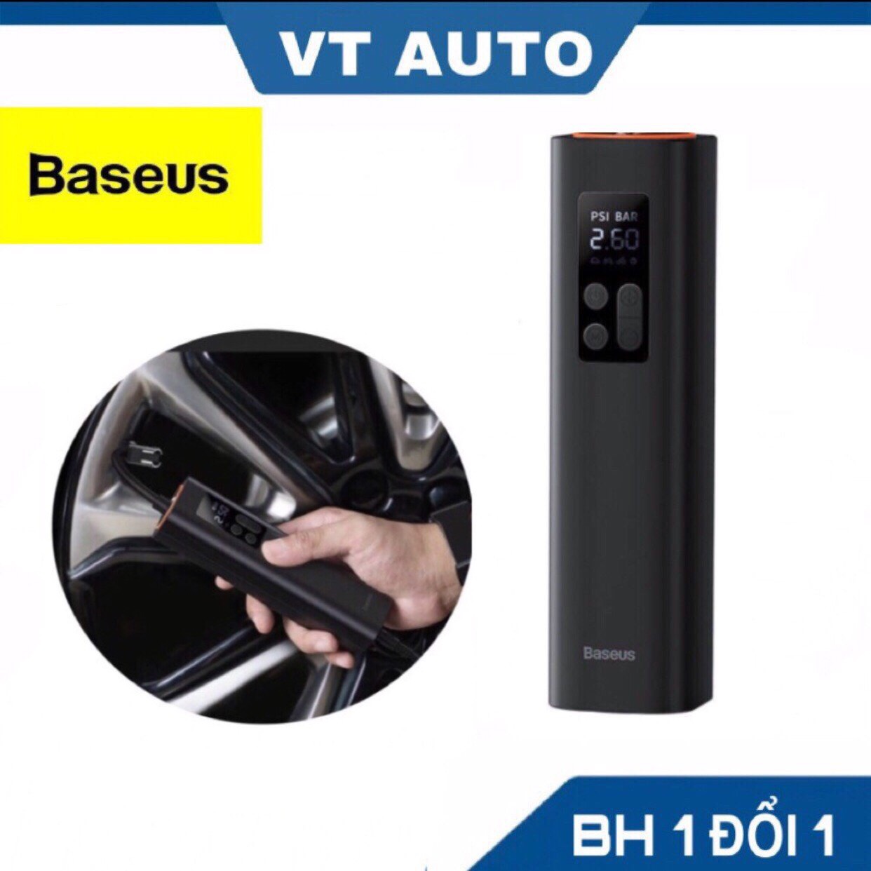 Máy bơm lốp oto điện tử mini Baseus - bơm lốp cầm tay siêu nhỏ 12V 30L/60s - máy nén khí xe hơi ô tô xe máy xe đạp cao cấp - VT auto