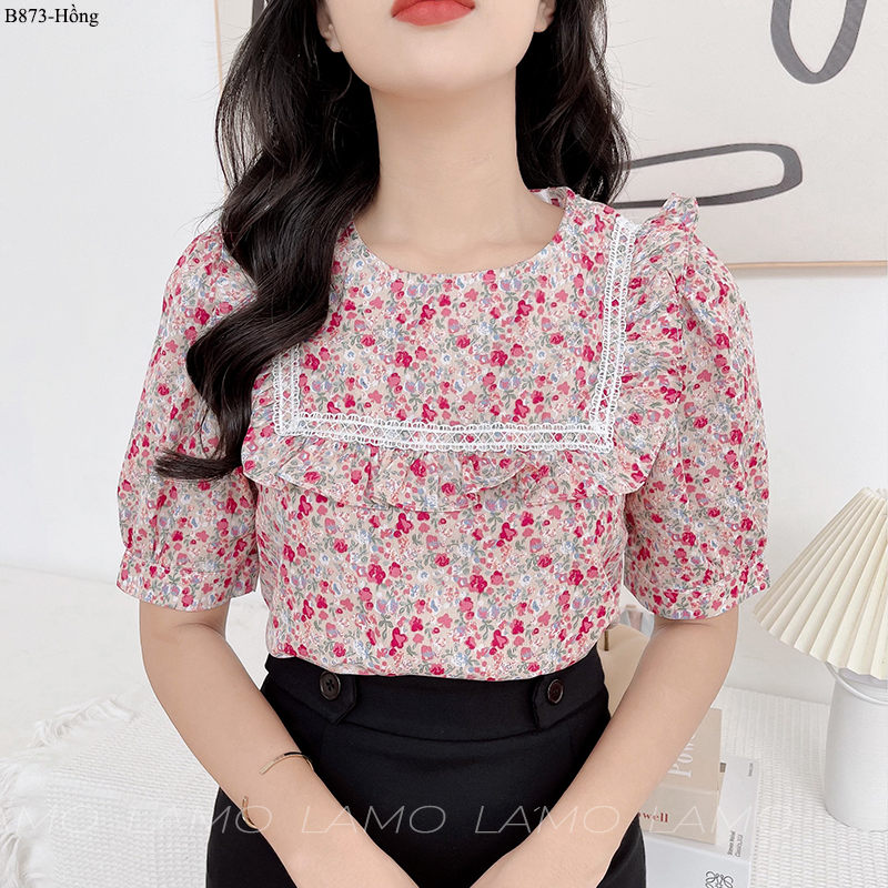 ÁO SƠ  MI HOA CỔ TRÒN VIỀN REN -B873