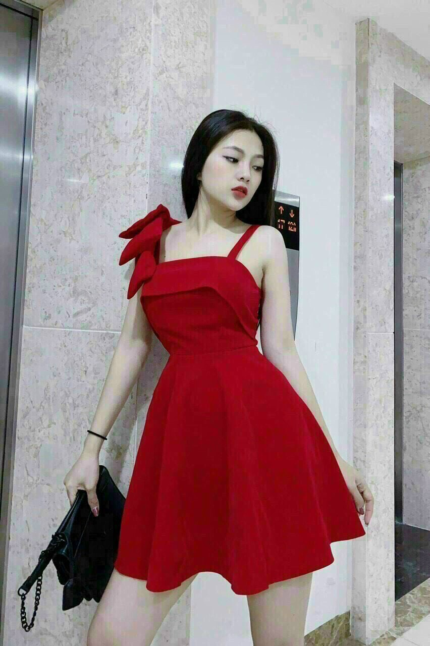 Đầm đỏ dự tiệc nơ vai,đầm tiểu thư dáng xoè ôm eo,đầm umi, Đầm đỏ đính nơ dễ thương dáng ngắn xoè Ulzzang