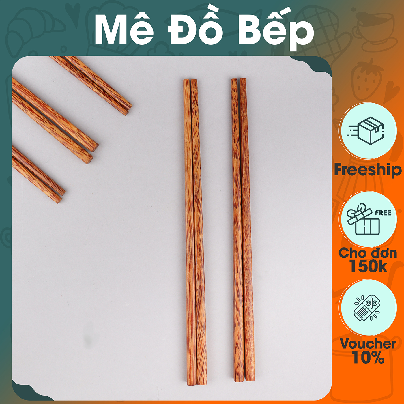 Set 10 đôi đũa gỗ dừa loại 1 bam house hoạ tiết vân dừa cao cấp dgd04 – đũa gỗ dừa dua go dua