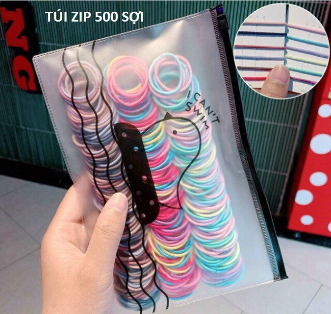 Túi zip 500 sợi thun cột tóc, chun buộc tóc du lịch siêu dễ thương, dây buộc tóc co giãn (giao màu ngẫu nhiên) GD509-ThunBToc500