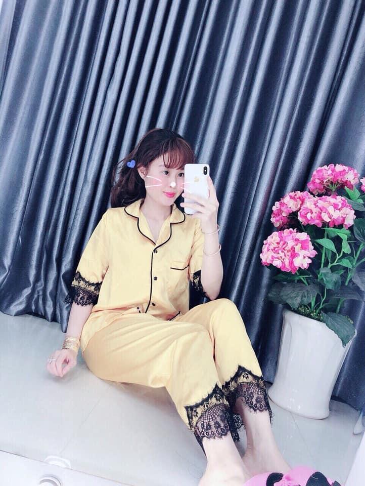 [HCM]Set Đồ Bộ Nữ Pijama Tay Ngắn Quần Dài Phi Lụa Phối Ren Đen Siêu Sang