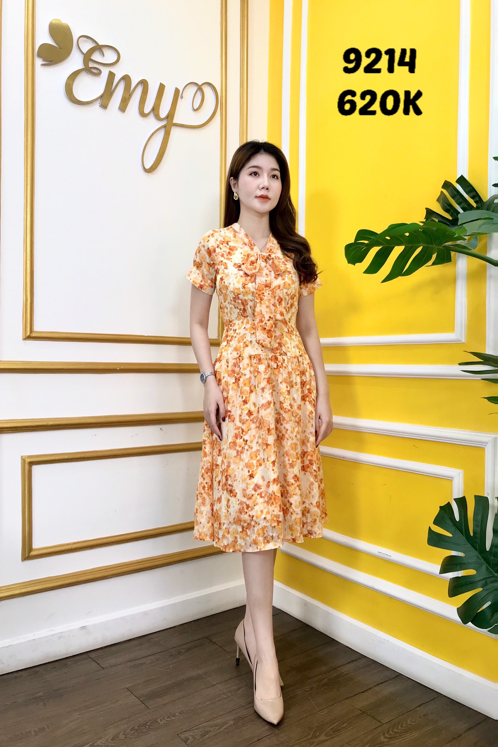 Đầm EMY EM9214 Xoè Cổ Phối Nơ