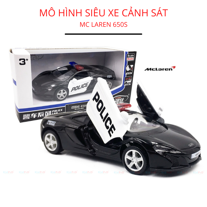 Mô hình siêu xe cảnh sát Police Dubai Mc laren 650S bằng sắt tỷ lệ 1:36, Mở cửa khung xe bằng sắt, chi tiết nhựa, lốp cao su cao cấp giá rẻ mới nhất KidPrO