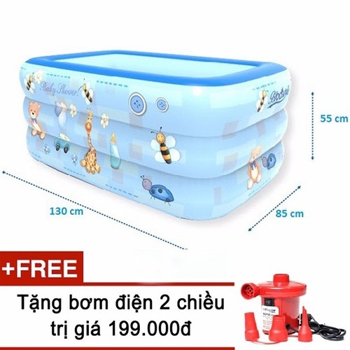[HCM][ Tặng kèm bơm điện ] Bể Bơi Phao Trẻ Em 3 Tầng Size 130x85x55cm Màu Xanh Chất Liệu Nhựa Dẻo PVC An Toàn Dày Dặn và Đàn Hồi Tốt Dễ Gấp Gọn Họa Tiết Ngô Nghĩnh