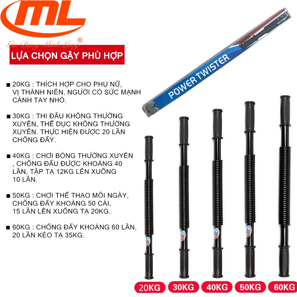 Gậy Bẻ Tập Cơ Tay, Cơ Bụng Lò Xo Lực Bẻ 30, 40, 50, 60 Kg. Gậy Lò Xo Tập Ngực,vai Cao Cấp, Gậy Bẻ Tập Gym 20kg, 30kg, 40kg, 50kg,60kg