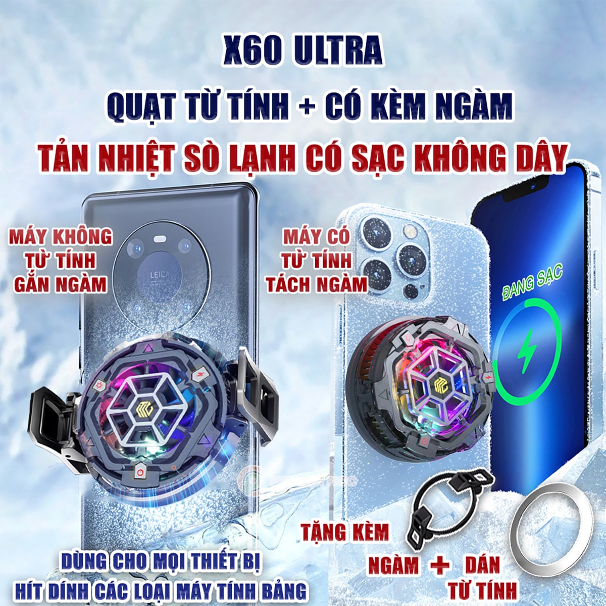 Quạt tản nhiệt điện thoại X12 Plus / X12 Pro Max / X60 Ultra tản nhiệt sò lạnh đế nam châm từ tính, leb RGB
