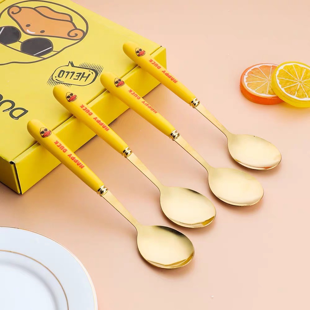 Bộ thìa inox mạ vàng dễ thương - thìa vịt vàng xinh xắn