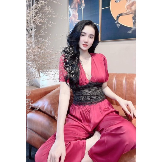 Đồ Bộ Mặc Nhà Cổ V Phối Ren Eo Lụa Cao Cấp - Đồ Ngủ, Pyjama Nữ Freesize