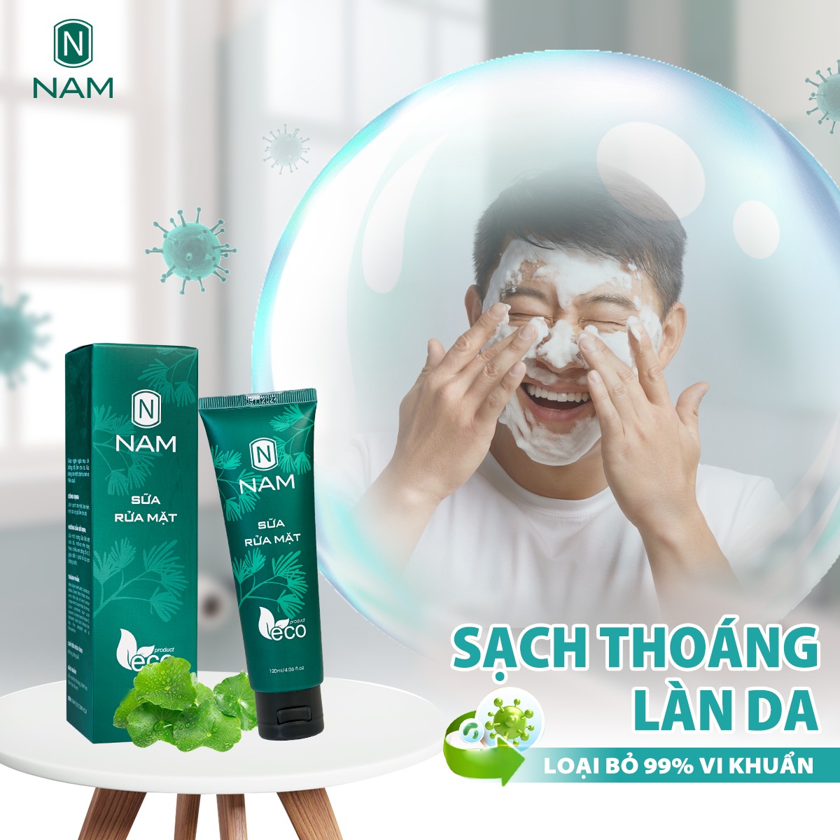 Sữa rửa mặt cho nam giới ECO Thiên Nhiên Việt làm sạch sâu ngừa mụn mờ thâm làm trắng da se khích lỗ chân lông phẩm NAM 100% thiên nhiên 120ml