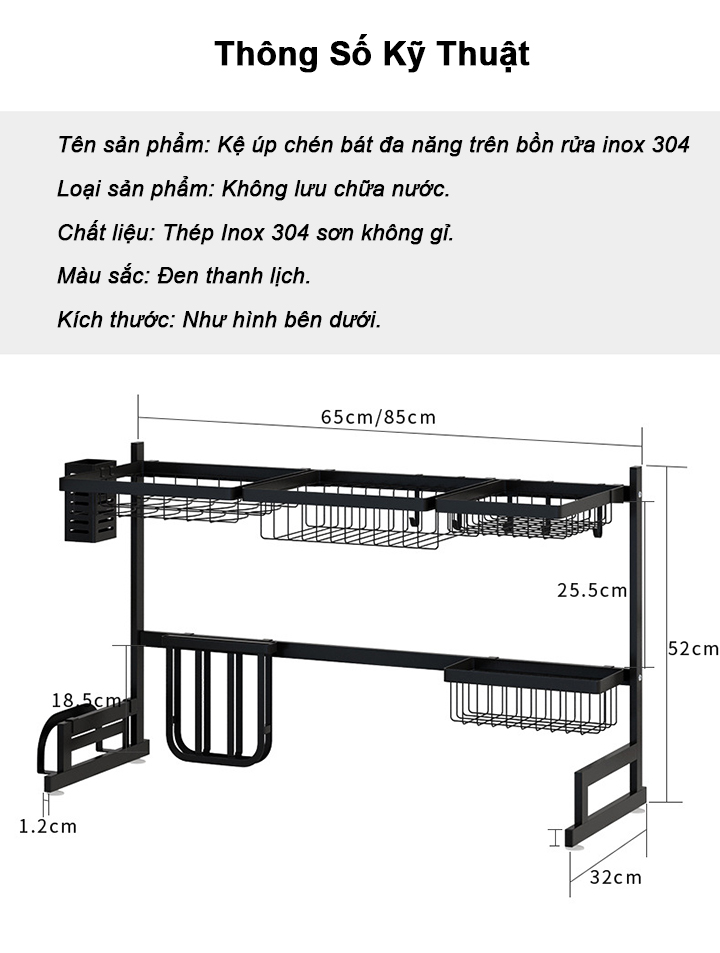 Kệ úp chén bát đa năng trên bồn rửa inox 304 cao cấp 85cm – màu đen