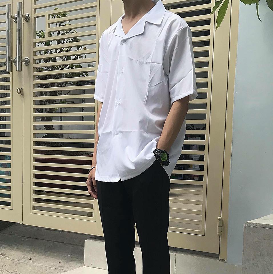 [HCM]Áo sơ mi lụa nam nữ cổ ve trắng đen ngắn tay