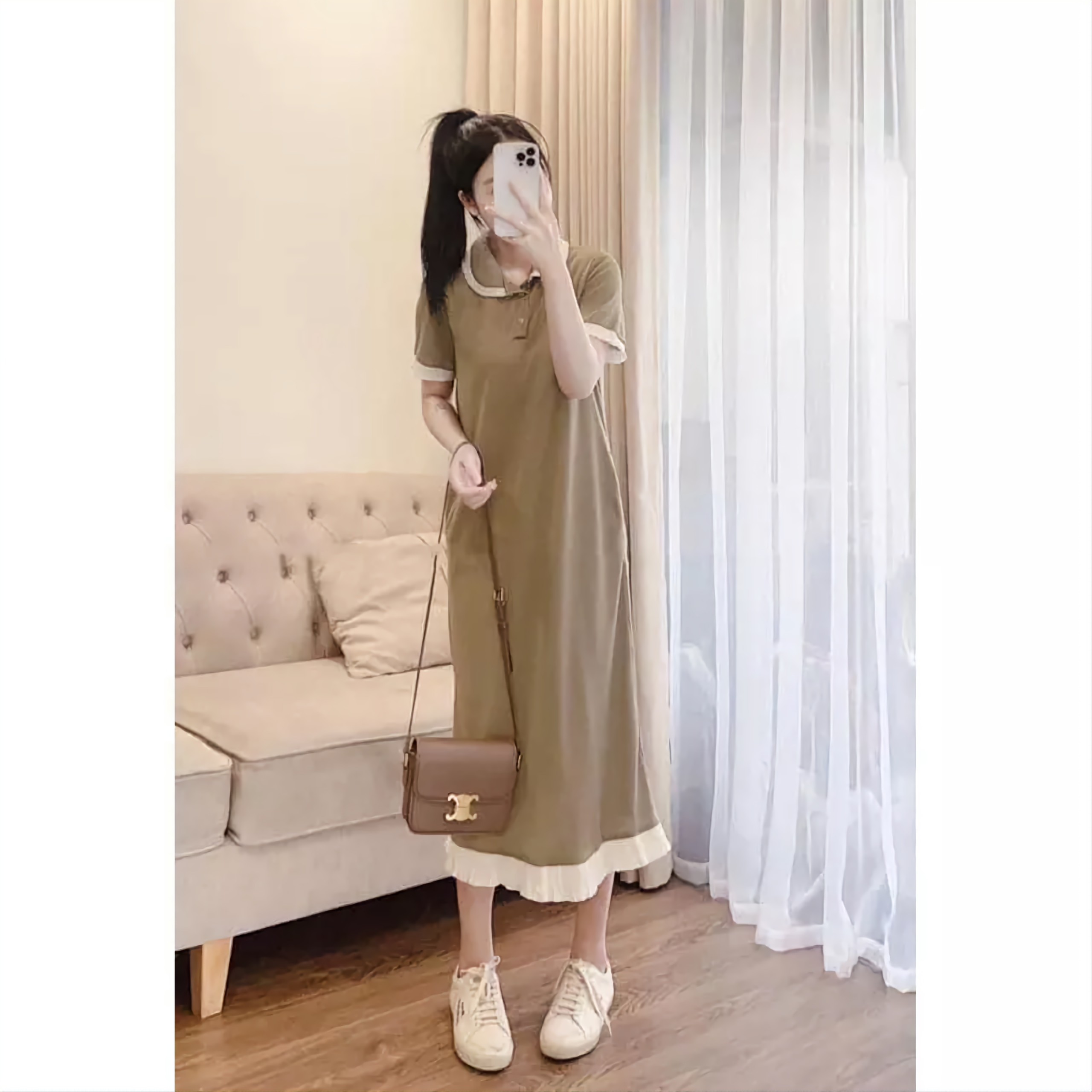 Váy suông cổ sen cộc tay chất tổ ong ba màu