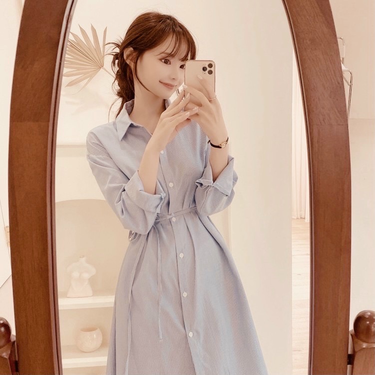 Đầm sơ mi xoè sọc đen