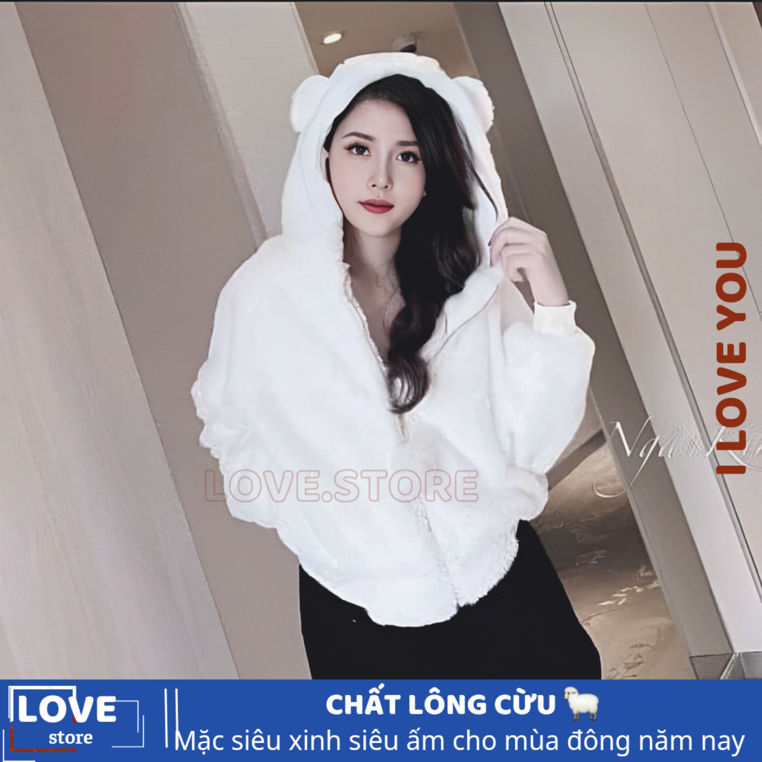Áo khoác lông quả bông tai gấu ulzzang, , áo lông cừu mùa đông, áo khoác lông cừu cổ trụ cổ đứng, áo khoác lông vũ, áo lông mũ gấu, áo lông cừu tai thỏ, áo lông cừu 2 mặt