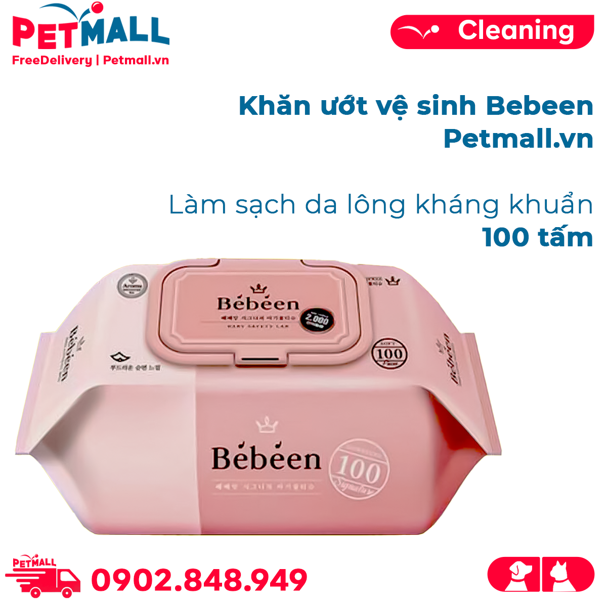 Khăn ướt vệ sinh Bebeen 100 tấm - Làm sạch da lông kháng khuẩn Petmall