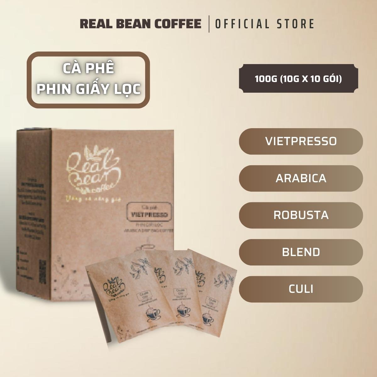 Cà phê phin giấy tiện lợi – Hộp 10 Gói – 100% Rang Mộc – Vị Đậm, Thơm Nồng – REAL BEAN COFFEE