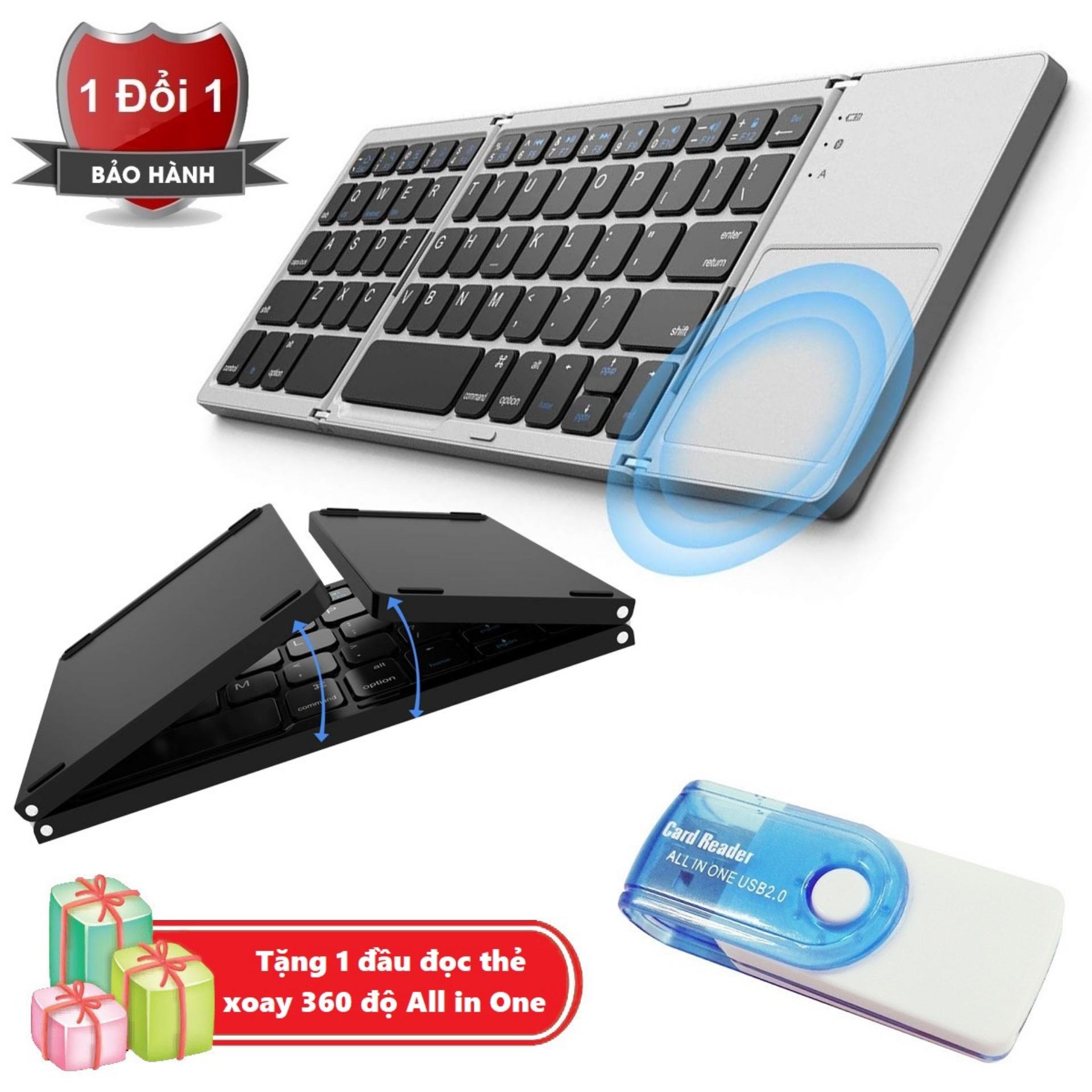Bàn phím kiêm chuột không dây Bluetooth gấp gọn cho điện thoại/ máy tính bảng/ PC/ Laptop/ Android box Tặng kèm Đầu đọc thẻ xoay đa năng