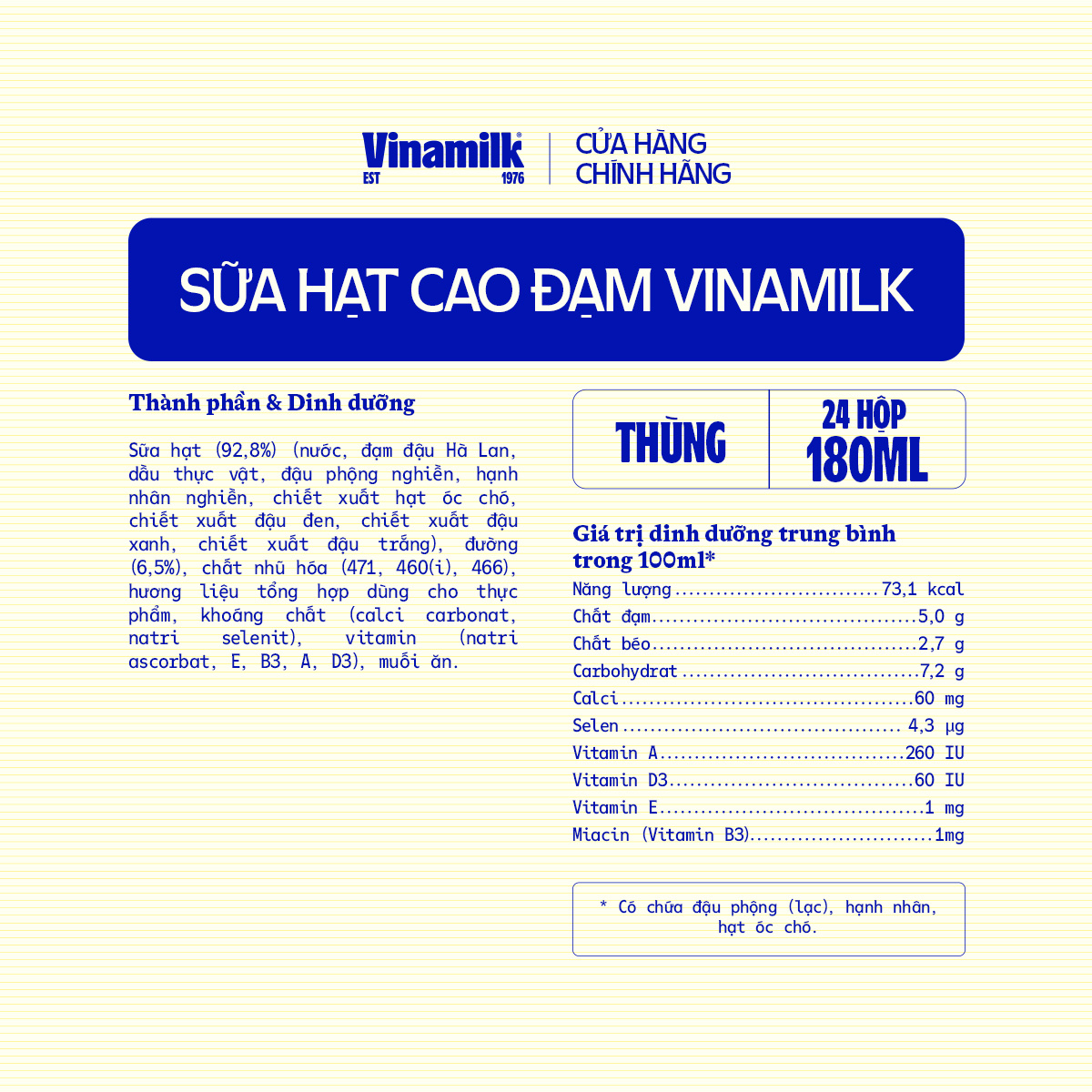Thùng 24 hộp sữa hạt Cao Đạm ít đường Vinamilk - hộp 180ml