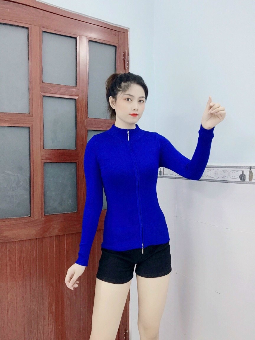 Áo khoác len dây kéo trơn tay dài