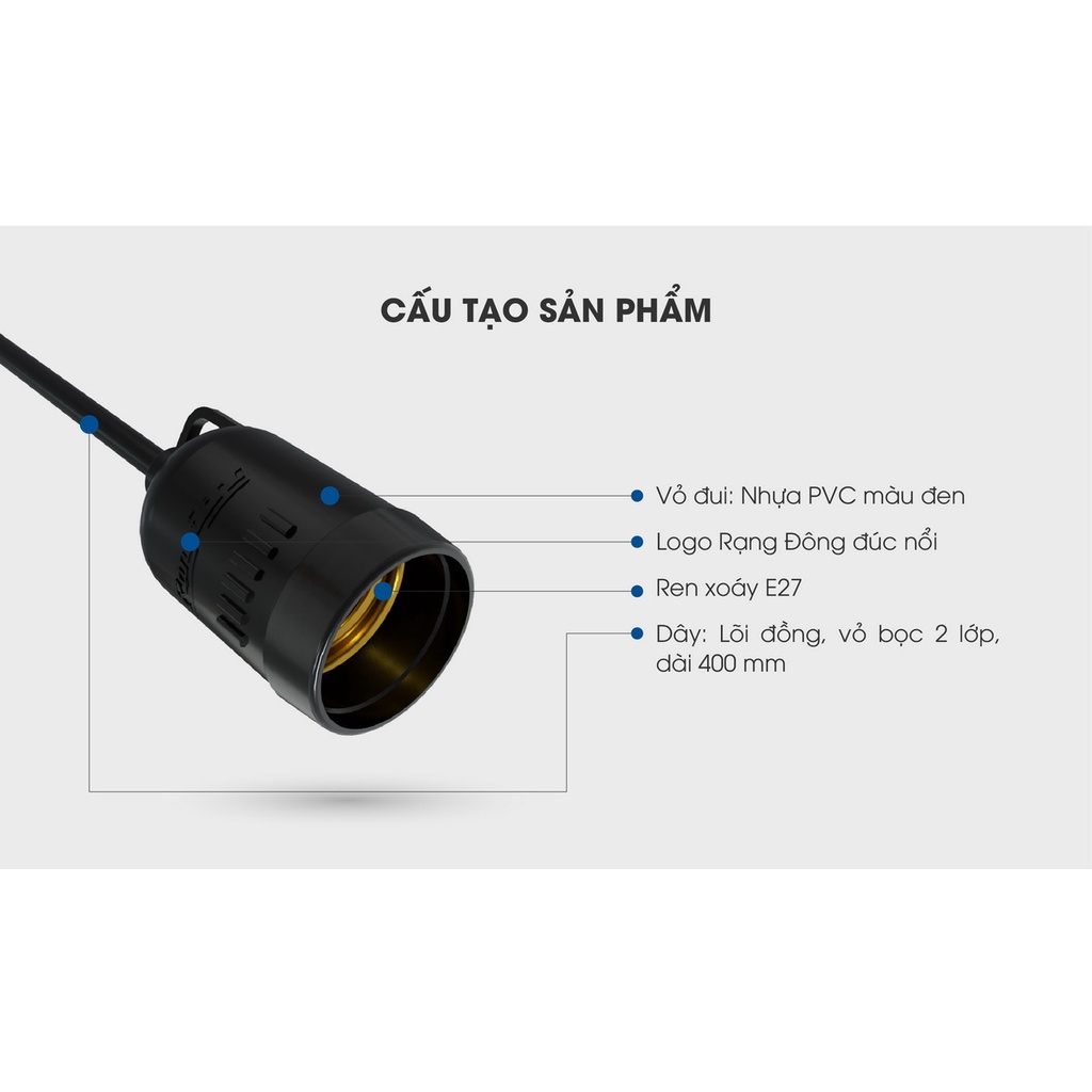 [Chính Hãng] Đui đèn chống thấm nước (CVV 2x0.5, dài 60cm) Rạng Đông Model: E27 IP65