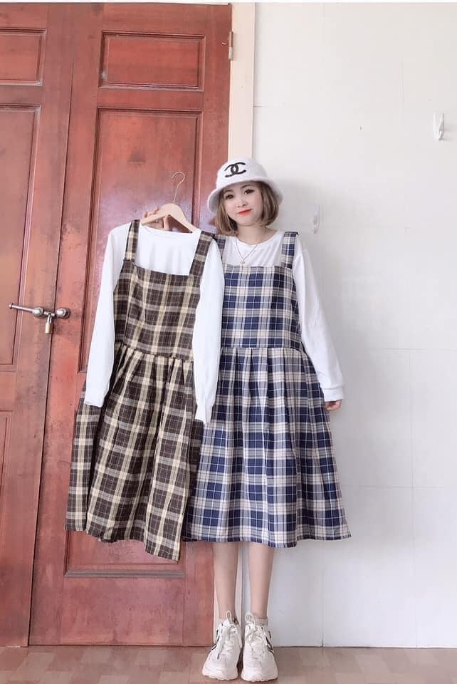 [ẢNH THẬT] YẾM VÁY KẺ CARO BABYDOLL KÈM ÁO TRẮNG DÀI TAY THỜI TRANG NỮ PHUONGMART, YẾM KÈM ÁO, ÁO YẾM CARO,YẾM CARO, ĐẦM BABYDOLL, YẾM VÁY NỮ