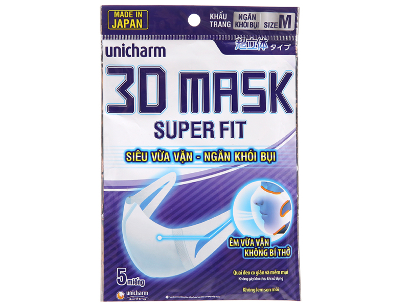 Bộ 3 Gói Khẩu Trang Ngăn Khói Bụi Unicharm 3D Mask Superfit (5 Cái / gói) cao cấp