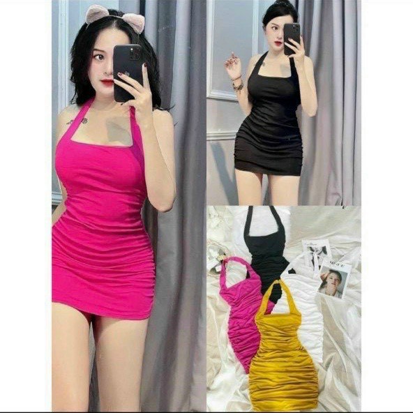 đầm body cổ vuông phối dây yếm nữ vải thun lụa utrrb